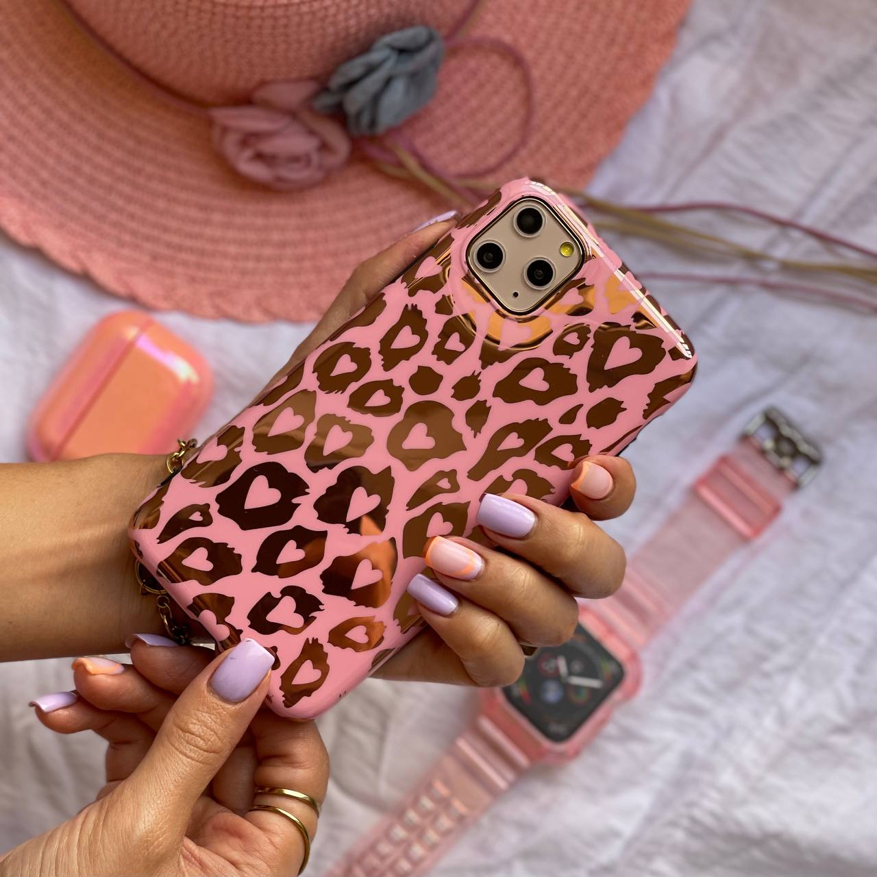 قاب موبایل آیفون پلنگی آینه ای صورتی نقره ای