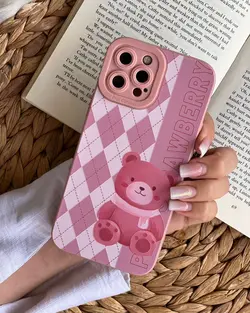 قاب موبایل آیفون خرس صورتی چهارخونه پرو کمرا محافظ لنزدار