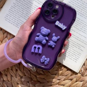 قاب موبایل آیفون بچه خرس اسمایل بنفش برجسته حلقه دار