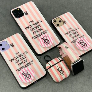 قاب موبایل ویکتوریا پشت گلس راه راه پاپ سوکت رایگان ( صورتی + سفید )