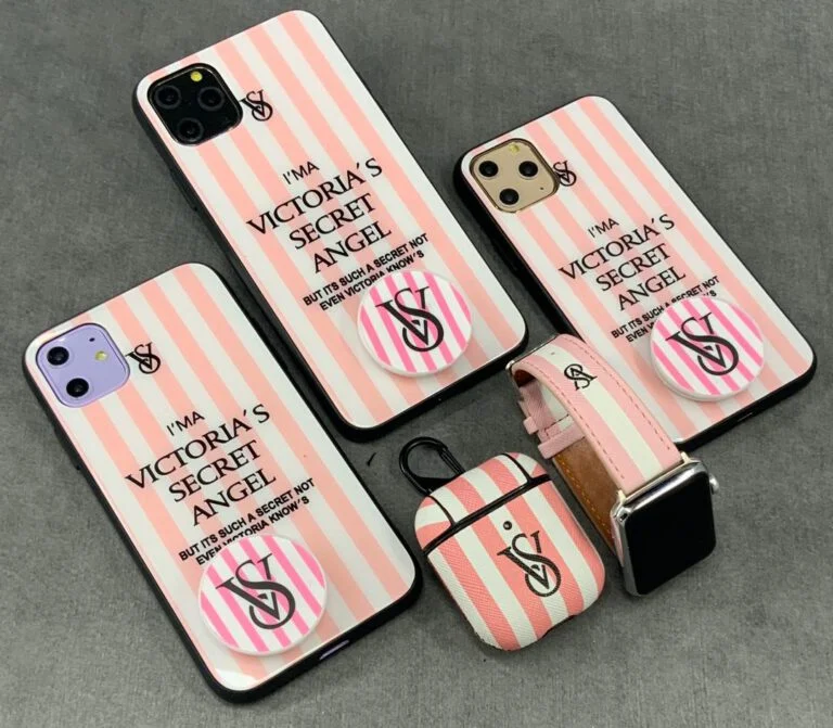 قاب موبایل ویکتوریا پشت گلس راه راه پاپ سوکت رایگان ( صورتی + سفید )