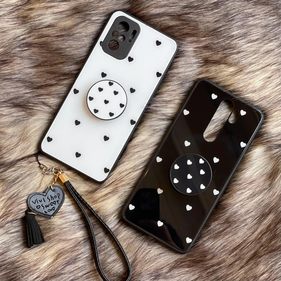 قاب موبایل شیائومی قلب ریز پشت گلس + بندست ( مشکی | سفید )