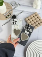 قاب شاینی قلب آینه ای با محافظ لنز رینگی نگینی (کدC1889)