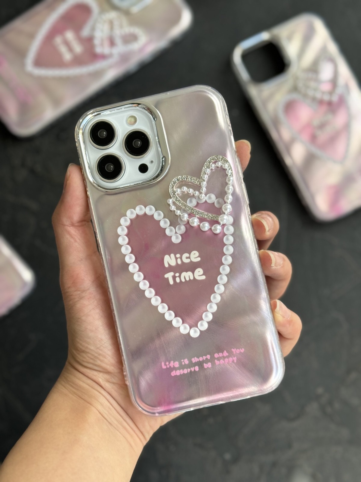 قاب موبایل آیفون نایس تایم قلب مرواریدی برجسته