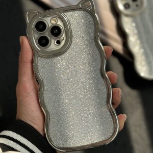 قاب موبایل آیفون گربه شاینی نقره ای گوش برجسته