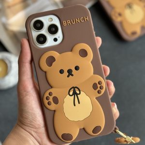 قاب موبایل آیفون خرس قهوه ای مینیمال سیلیکونی + آویز
