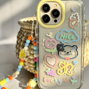 قاب موبایل آیفون خرس و پروانه نقاشی + بندست کوتاه