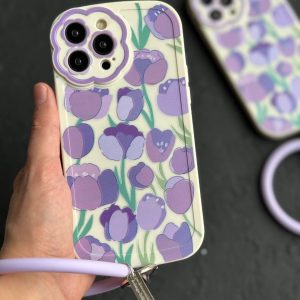 قاب موبایل آیفون گل لاله بنفش محافظ لنز طرح دار + حلقه ست ( 3011 )