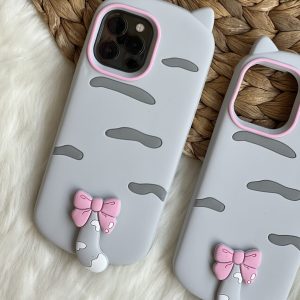 قاب موبایل آیفون گربه سیلیکونی دم پاپیون دار