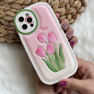 قاب موبایل آیفون گل لاله برجسته تولیپ صورتی