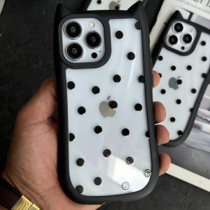 قاب موبایل آیفون گربه خال مشکی گوش دار پشت بیرنگ