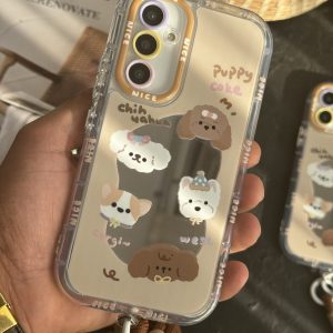 قاب موبایل سامسونگ سگ پاپی شکلاتی آیینه ای بند کوتاه