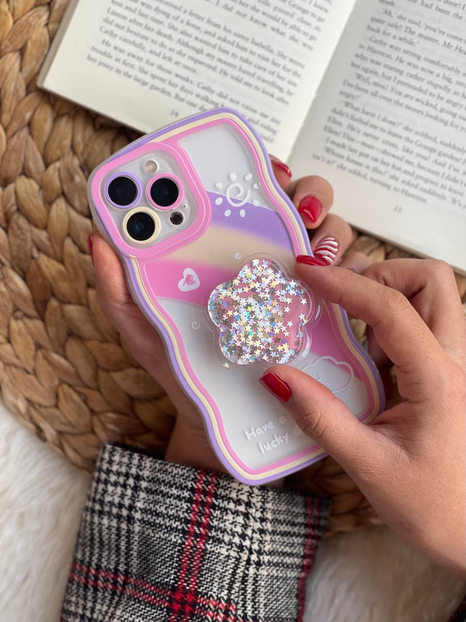 قاب موبایل آیفون ماه و ستاره و رنگین کمان خرسی + پاپ سوکت ستاره متحرک