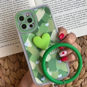 قاب موبایل آیفون تک دل حصیری سبز حلقه دار محافظ لنزدار