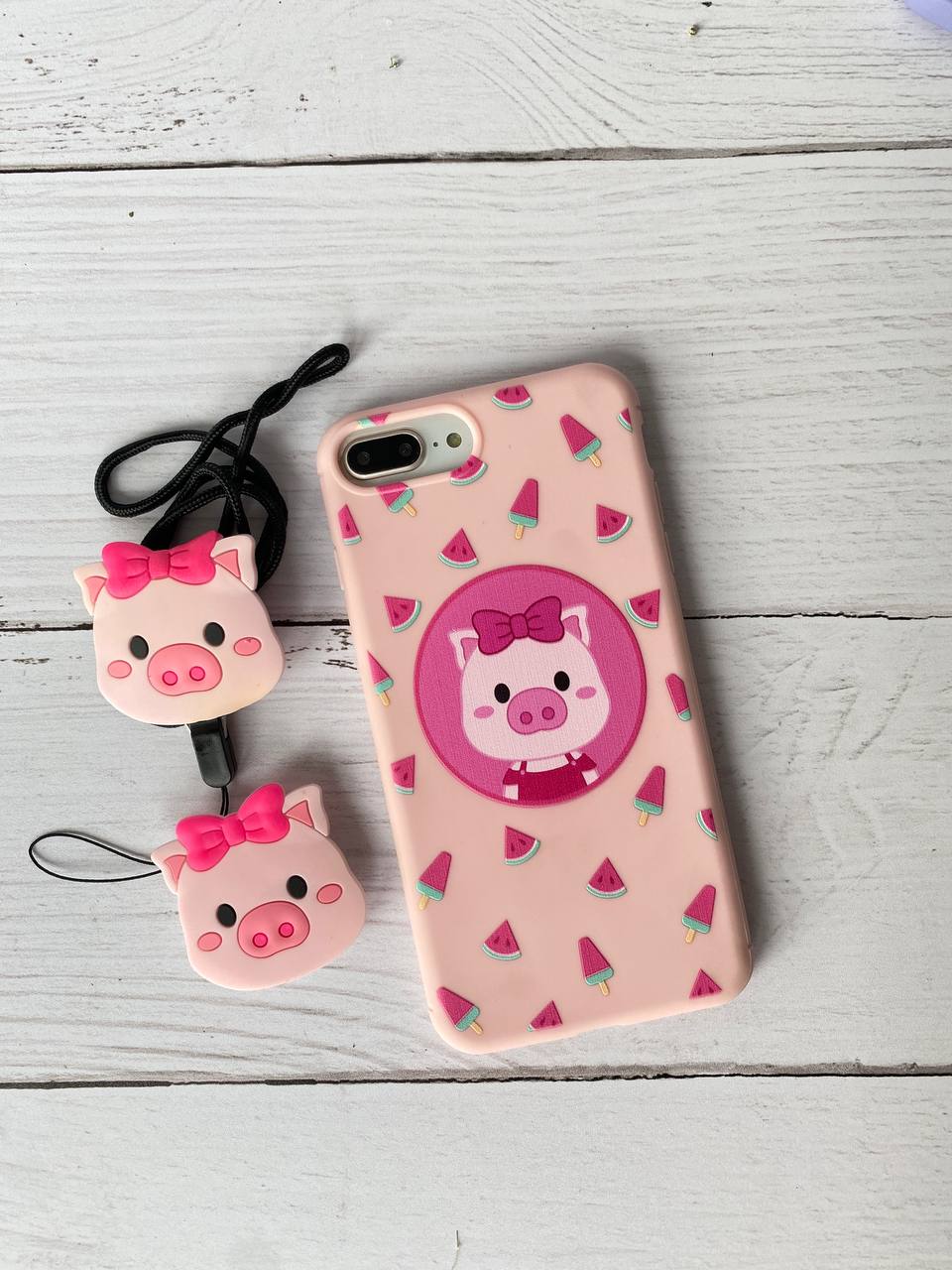 قاب موبایل آیفون خوک هندونه صورتی + پاپ سوکت و بند