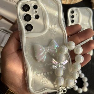 قاب موبایل ( آیفون - سامسونگ ) پاپیون هفت رنگ سفید صدفی + بندست