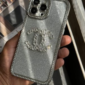 قاب موبایل آیفون شنل نگین دار برجسته براق نقره ای