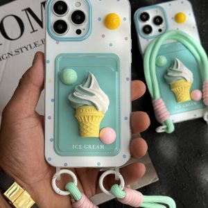 قاب موبایل آیفون بستنی قیفی دو رنگ جاکارتی بند ست