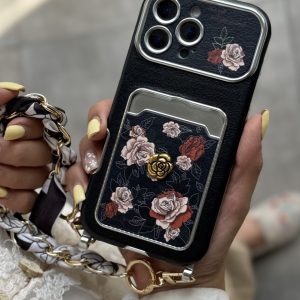 قاب موبایل آیفون گل رزا نرا جاکارتی دار + بندست اسکارف