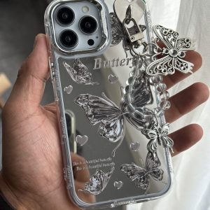 قاب موبایل ( آیفون - سامسونگ ) پروانه و قلب آیینه ای آویز دار