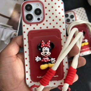 قاب موبایل آیفون میکی برجسته خال خالی جاکارتی بنددار