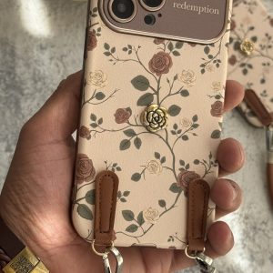 قاب موبایل ( آیفون ) گل رز فلورا قهوه ای + بندست چرمی