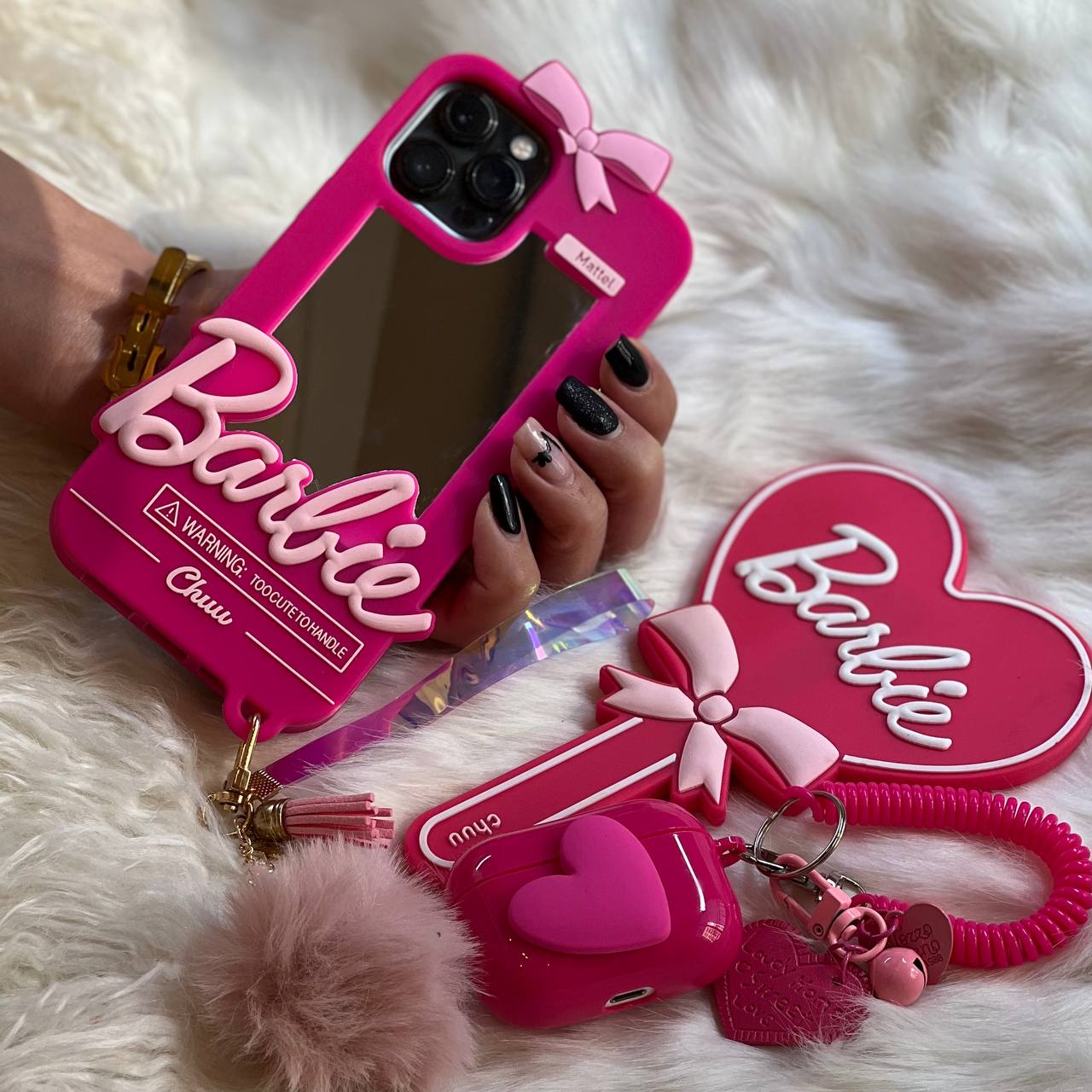 قاب موبایل آیفون باربی نوستالژی آیینه ای صورتی + آویز ست