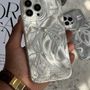 قاب موبایل آیفون بونات پاپیون شاینی نقره ای تک مروارید