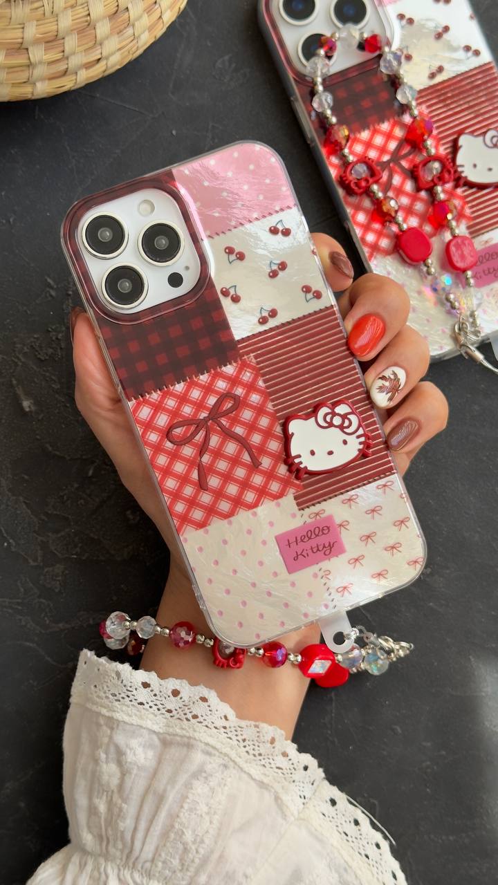 قاب موبایل آیفون کیتی چری آلبالویی پاپیون دار + بندست