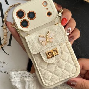 قاب موبایل ( آیفون - سامسونگ ) بند زنجیری بلند بالشتی پروانه ای جاکارتی دار