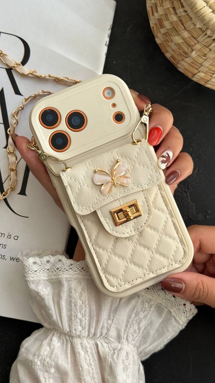 قاب موبایل ( آیفون - سامسونگ ) بند زنجیری بلند بالشتی پروانه ای جاکارتی دار