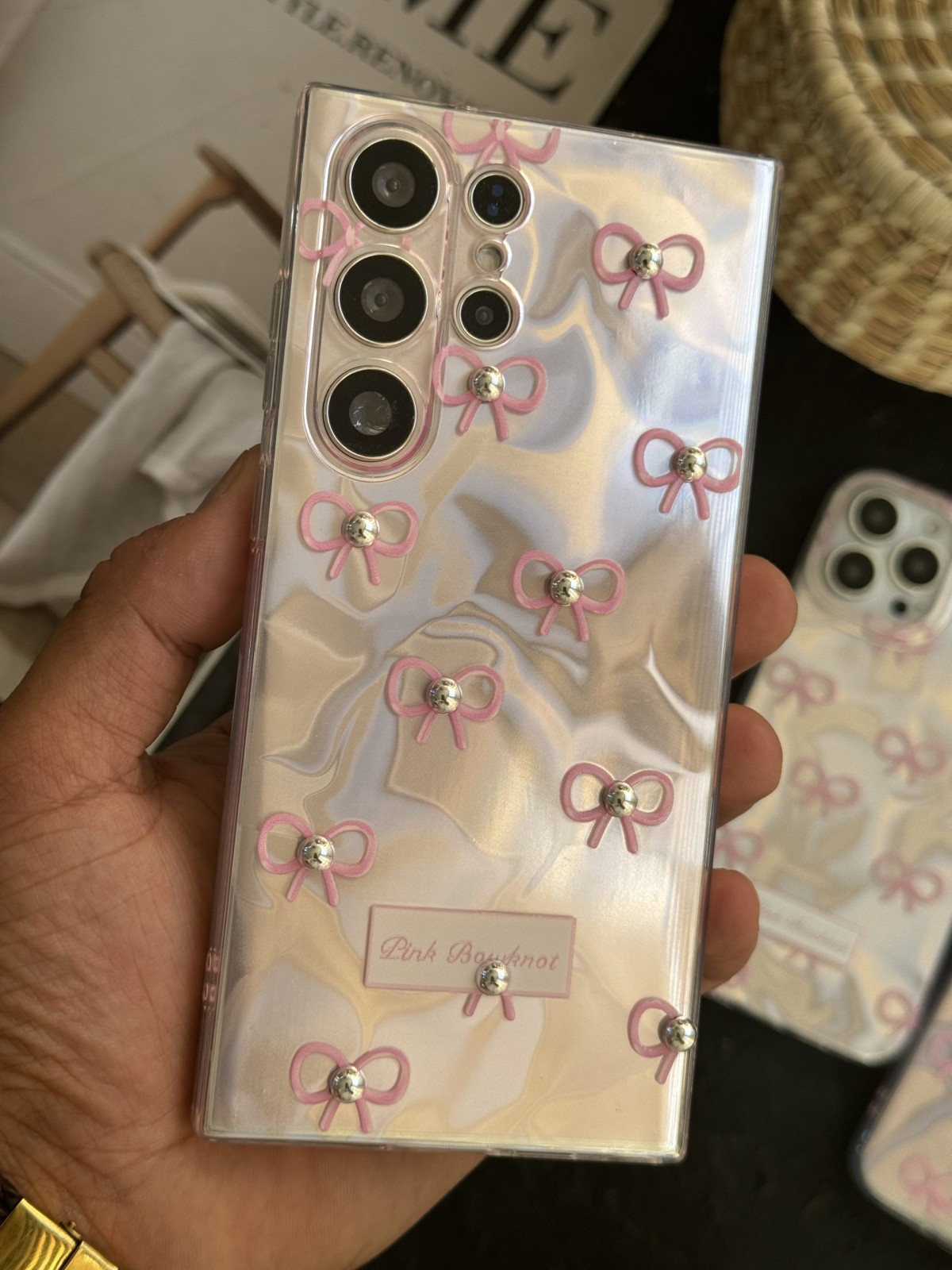 قاب موبایل سامسونگ پاپیون شاینی صورتی نگین برجسته