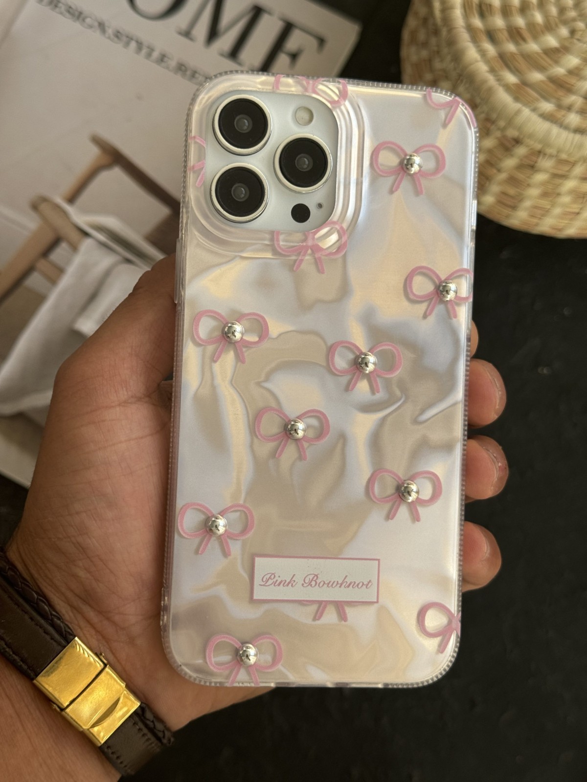 قاب موبایل آیفون پاپیون شاینی صورتی نگین برجسته