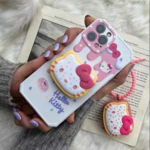 قاب موبایل آیفون هلوکیتی سفید صورتی + پاپ سوکت